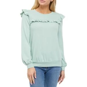 Cupio Women's Long Sleeve Ruffle Chest Knit Top Mint Sage - Size L